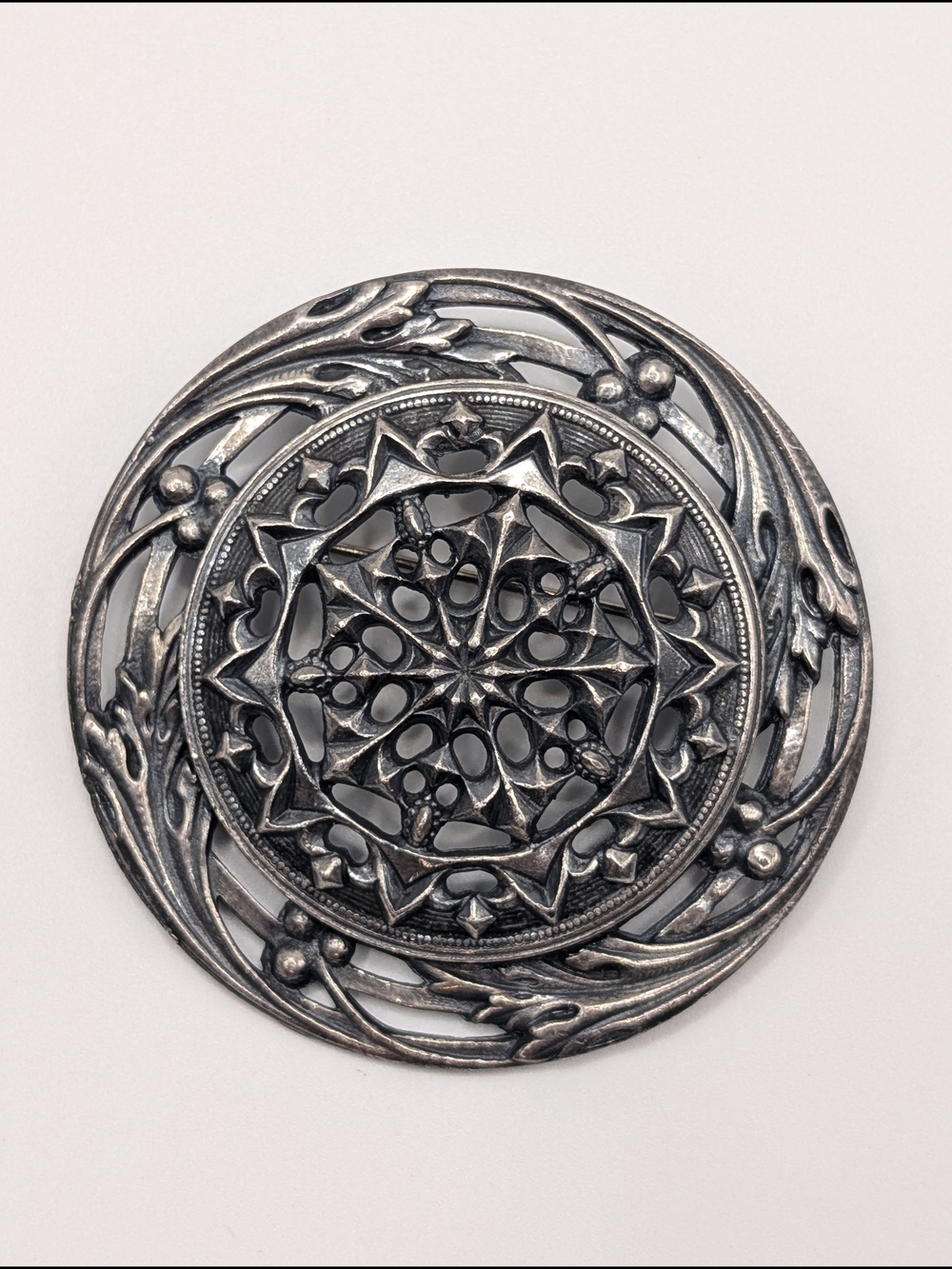 Vintage Accessocraft NYC Silver Tone Openwork Medallion Brooch Byzantine Revival